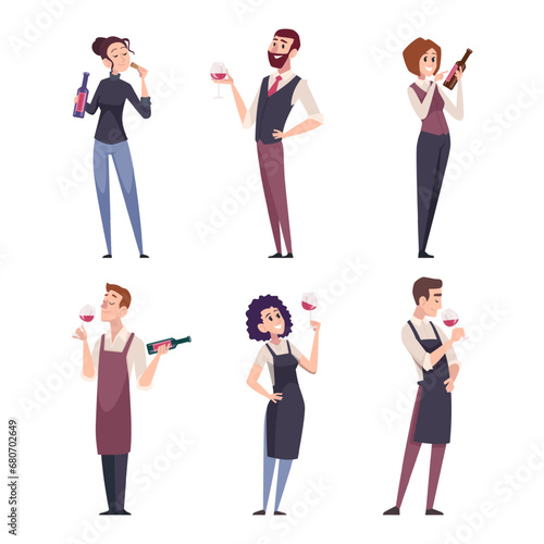 Sommelier. Restaurant expert of delicious wines alcoholic drinks exact vector cartoon characters in action poses