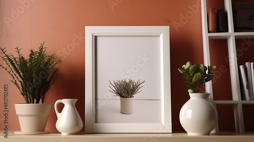 Mock up poster frame, vase with spring flowers in the interior. 3d rendering © Randu