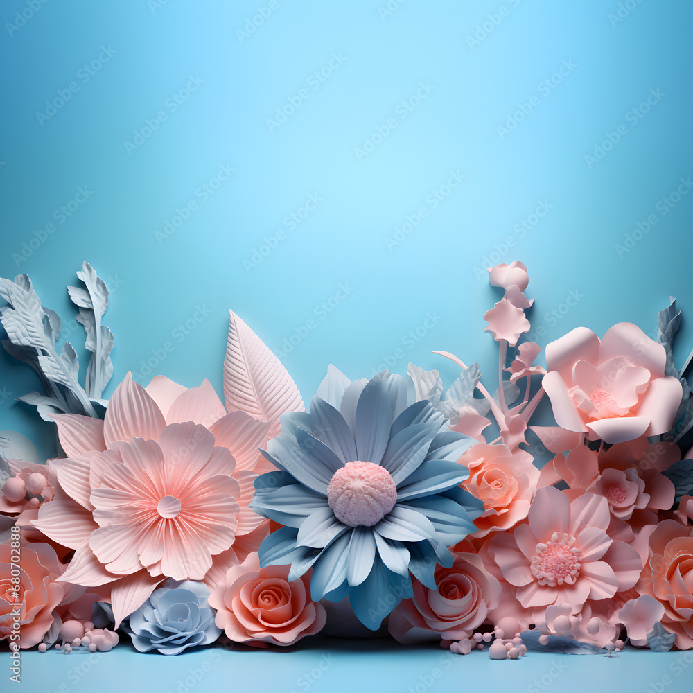 Paper flowers on a blue background with copy space, Floral Elegance: Love Card Pattern Infused with Valentine's Romance. Generative AI Paper flowers on a blue background with copy space, Floral Elegance: Love Card Pattern Infused with Valentine's Romance. Generative AI
