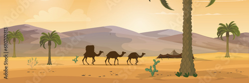  illustration with desert scenery beautiful bright sky on the desert with camel  dates tree and caravan. vector illustration