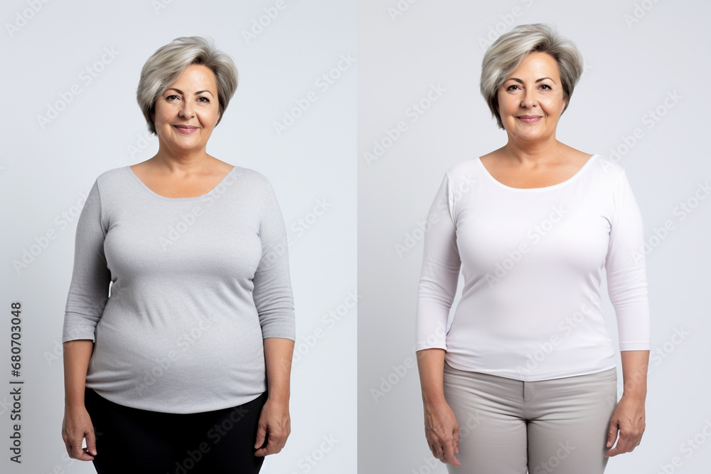 Mature overweight woman before and after slimming. Weight loss as a result of diet, liposuction, healthy lifestyle.  - obrazy, fototapety, plakaty 