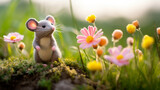 Handmade DIY figurine, cute crafted wool felt mouse on a colorful blooming flower meadow