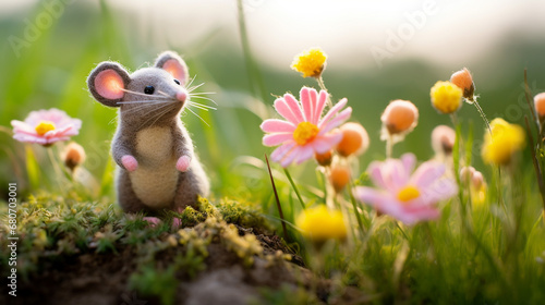 Handmade DIY figurine, cute crafted wool felt mouse on a colorful blooming flower meadow photo