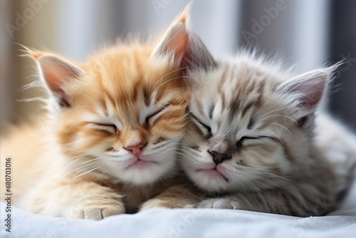 Two Adorable Fluffy Kittens Sleeping, Nestled in a Darling and Affectionate Cuddle