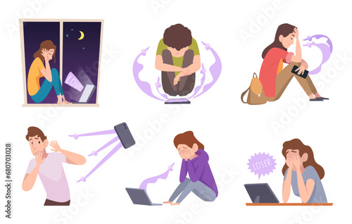 Cyberbullying. Victim of online violence social hate people exact vector cyberbullying concept illustrations