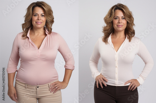 Middle aged overweight woman before and after slimming. Weight loss as a result of diet, liposuction, healthy lifestyle. 