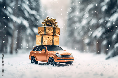 A small car adorned with gifts against a Christmas scene, a heartwarming addition to holiday celebrations © Людмила Мазур