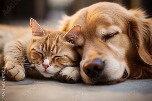 Cat and Dog Peacefully Dozing Off Together, Exuding Companionship and Tranquility