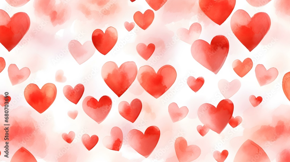 Seamless Background of painted Hearts in red Watercolors. Romantic Wallpaper