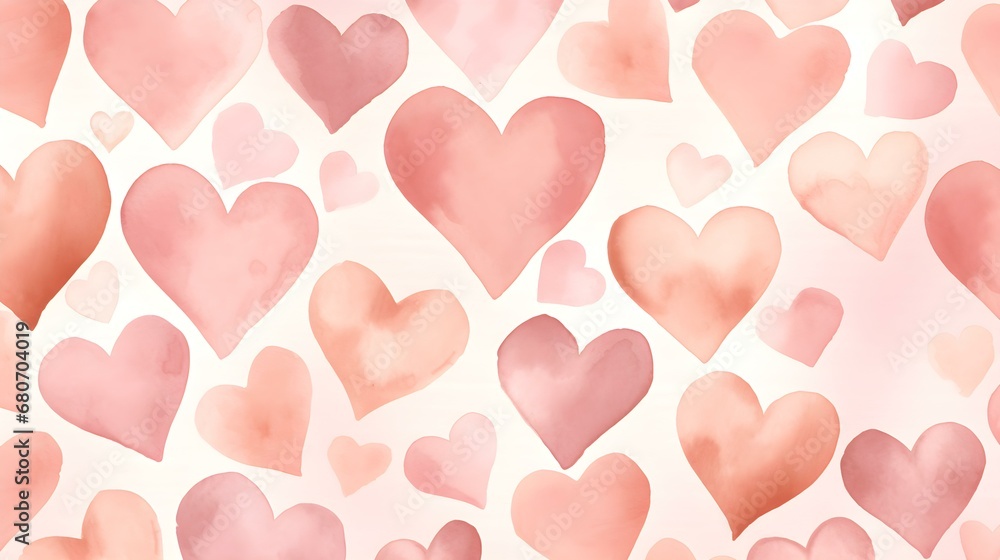 Seamless Background of painted Hearts in rose gold Watercolors. Romantic Wallpaper
