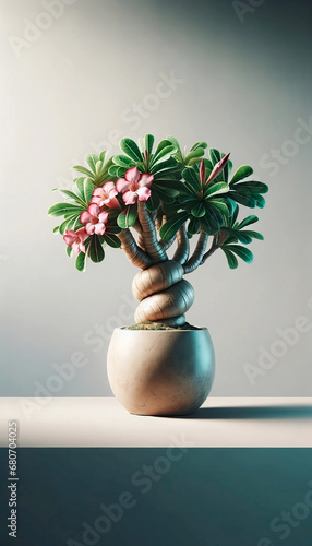 Desert rose in a ceramic pot, abstract neutral simple background, bonsai flower, banzai plant with pink flowers. photo