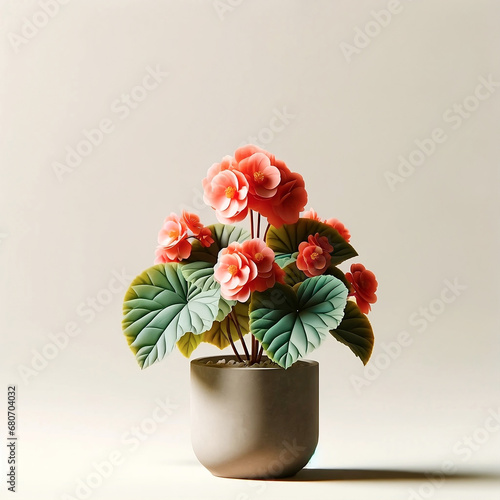Orange begonia in a clay pot with a blooming bouquet of orange flowers. beige background, abstract neutral, minimalist design photo