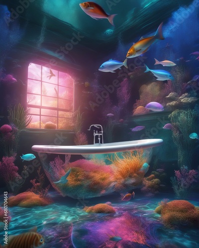 Transparent bathtub and room in a surreal underwater world, sea life, fish and algae swimming around, bioluminescent colors