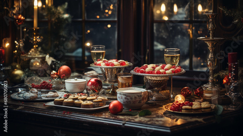 Christmas dinner table setting in a candle-lit  cozy atmosphere  displaying desserts  sweets and Christmas decorations. 