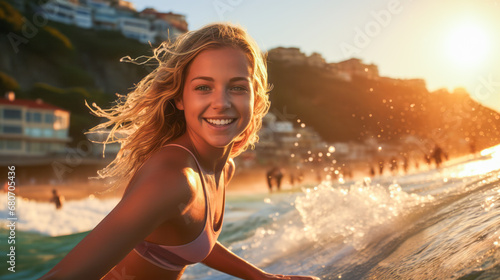 Blonde Australian girl surfing at Bondi Beach.