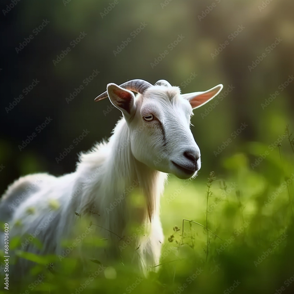 Fototapeta premium Goats onGoats with blurred background sunlight, domestic animals.
