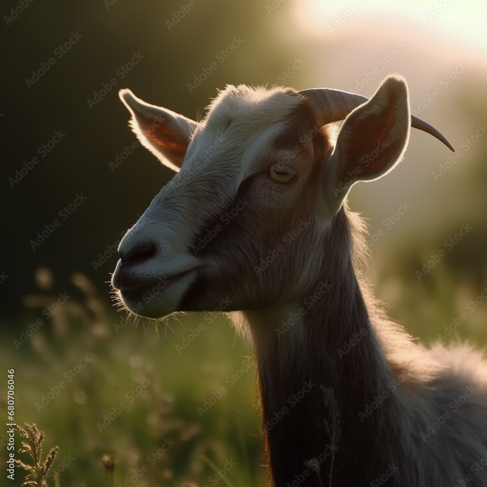 Goats onGoats with blurred background sunlight, domestic animals.