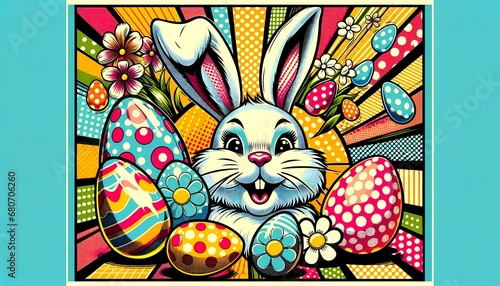 Easter Bunny's Colorful Celebration: A Vibrant Retro Pop Art Illustration of Bunny and Eggs, Great for innovative card, advertisement, ads