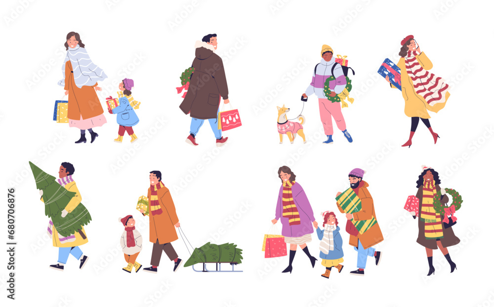 Family christmas shopping. Happy people carrying buy gifts, xmas fair or shop sale, couple and child together with present box for noel winter holiday, classy vector illustration