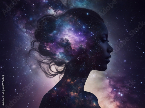 Side portrait of a woman and the universe on double exposure. Concept for consciousness and philosophy