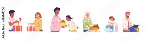 People unpacking gifts. Person characters opening presents, customer getting bonus or grants, joy woman holding gift open parcel box, romantic surprise classy vector illustration