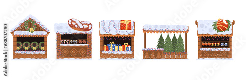 Christmas stalls. Wooden souvenirs kiosks for winter holiday fair new year eve, xmas bazaar stall with tree decoration, candy cane sweets light garland, classy vector illustration