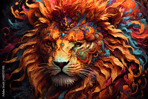 an artistic lion with lots of color, in the style of fantasy illustrations