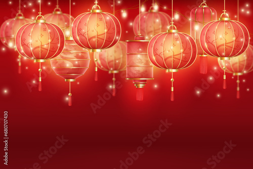 Realistic chinese garland. Asian red lanterns with sparkle lights garlands lamp, paper lantern light for new year china celebration or japanese festival, decent vector illustration