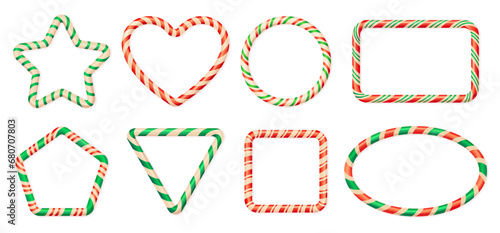 Candy cane frames. Lollypop border frame, striped candies cane stick star square round shape, sweet lollipop red white green stripe, christmas holiday neoteric vector illustration