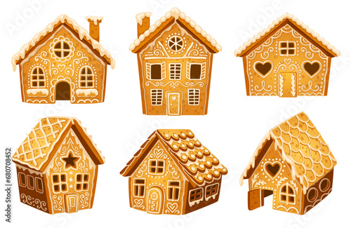 Cartoon gingerbread houses. Gingerbreads house, biscuit buildings cooking ginger bread icing candy cookie for christmas holiday, sugar sweet decoration neoteric vector illustration