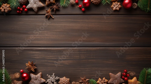 a top vie flat lay christmas background border with copy space in the middle: dark brown wooden table surface, chocolate star-shaped cookies, christmas tree ornaments