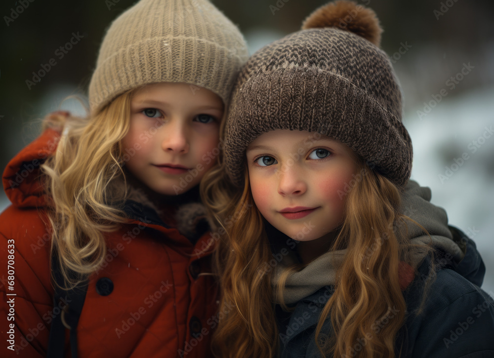 Fototapeta premium Two children holding hands, outside together in winter clothing on a cold day