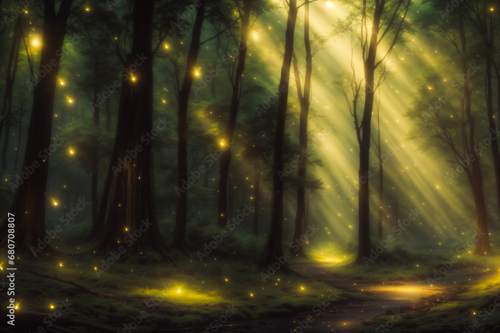 A background wallpaper of enchanted mystical forest full of fireflies, ethereal and magical, rays of light