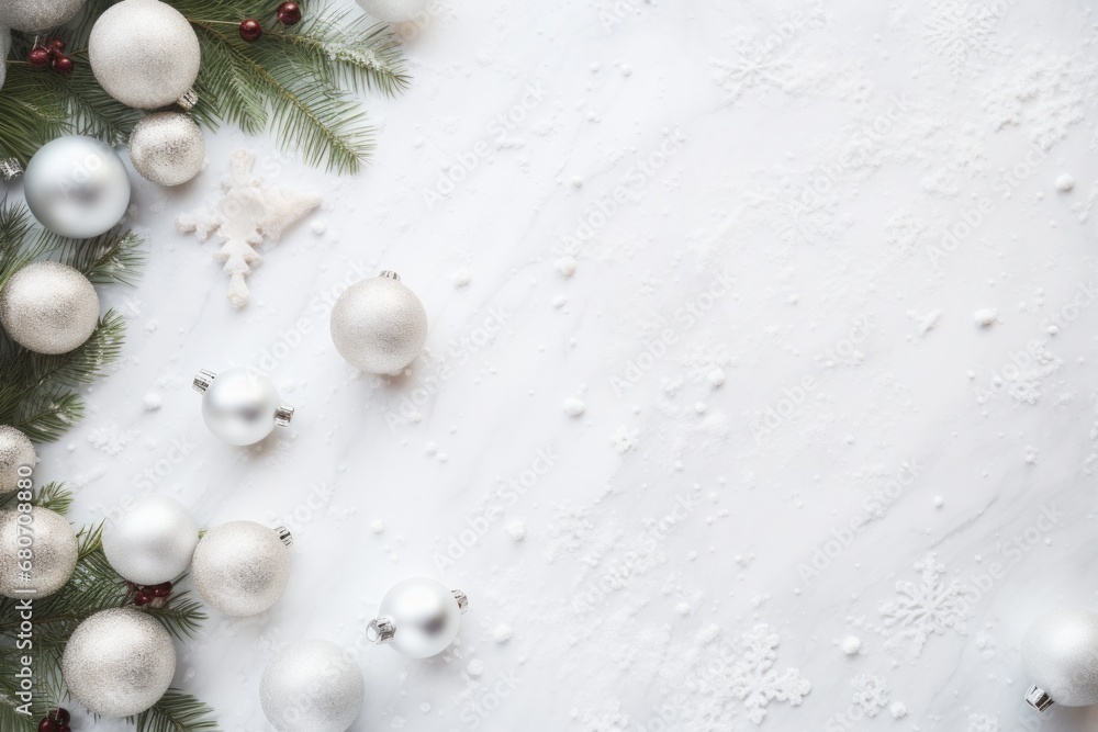 a top vie flat lay christmas background border with copy space in the middle: white surface, golden and silver christmas tree ornaments , evergreen branches a top vie flat lay christmas background border with copy space in the middle: white surface, golden and silver christmas tree ornaments , evergreen branches