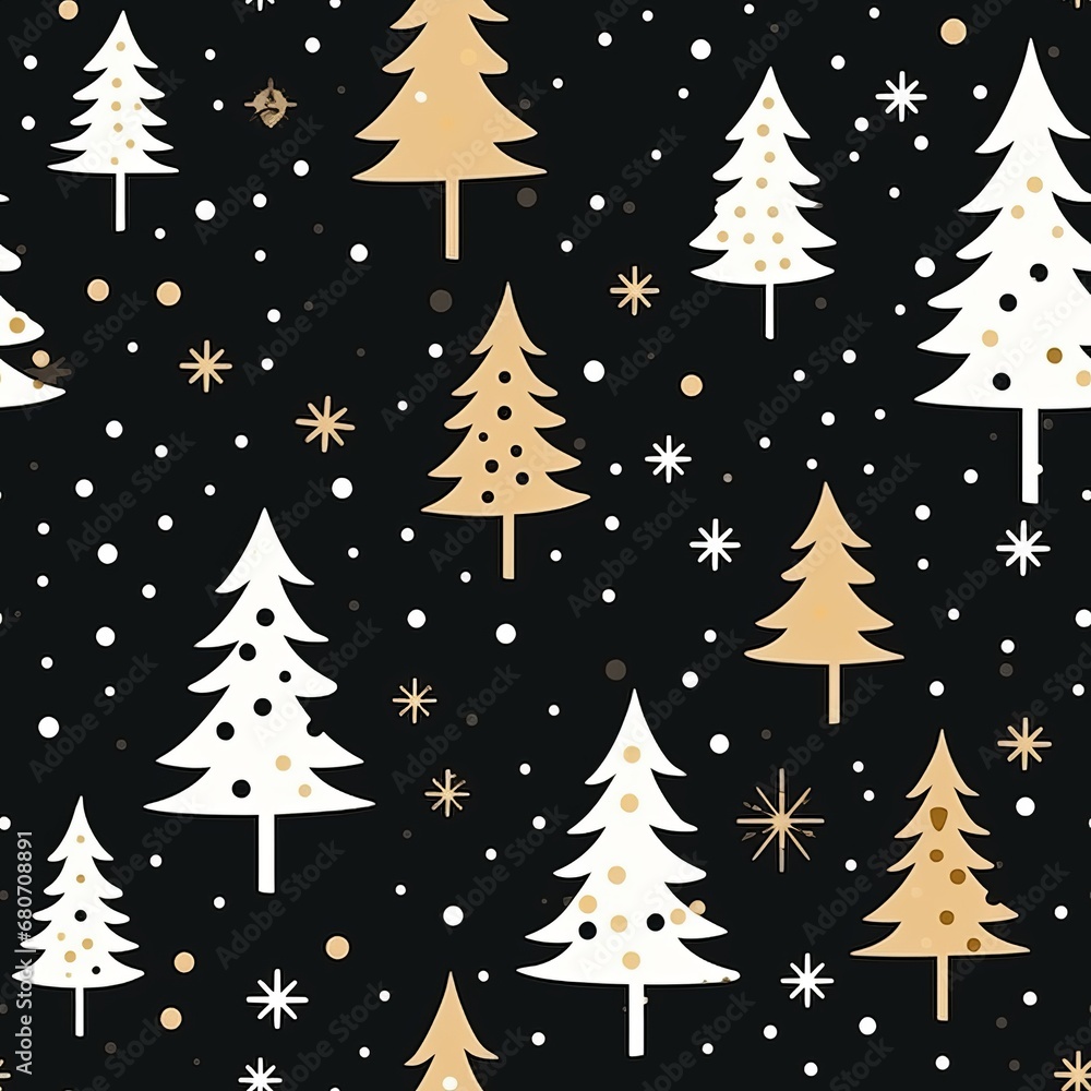 seamless pattern with cute minimalistic drawings of christmas new year theme: white and pink christmas trees and stars on black background