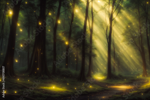 A background wallpaper of enchanted mystical forest full of fireflies  ethereal and magical  rays of light