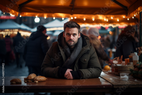 A man eating outside a food stall during german christmas market holiday