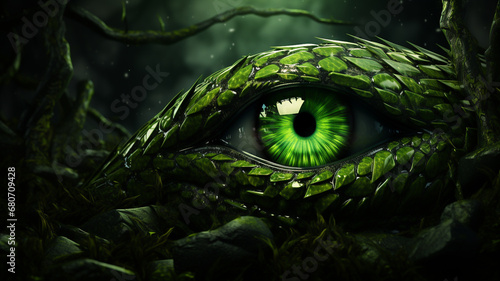 3d Green snake and eye on 3d background