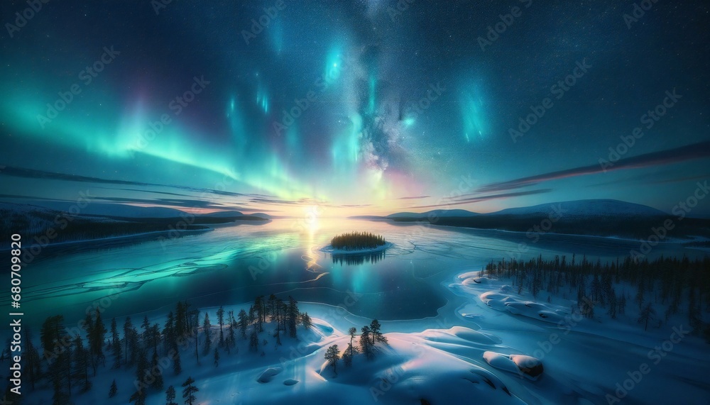 Northern Lights Over Frozen Landscape, Serene Night, Starry Sky, Aurora Borealis, Snow-Covered Trees, Tranquil Nature Photography - Generative AI