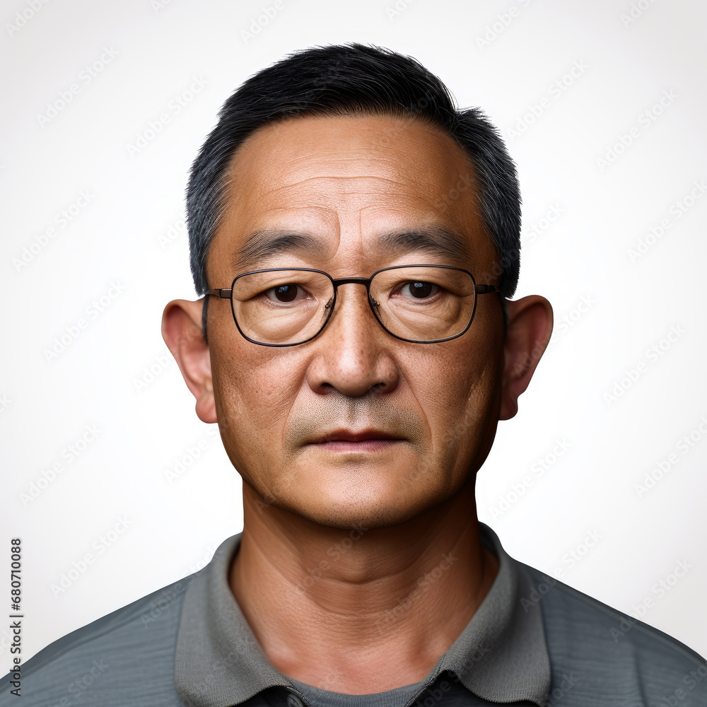 middle aged asian male man . white background . generative ai