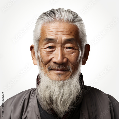 senior old asian male man with beard . white background . generative ai