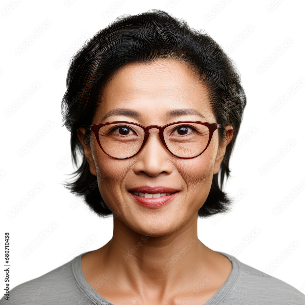 middle aged asian female woman . white background . generative ai