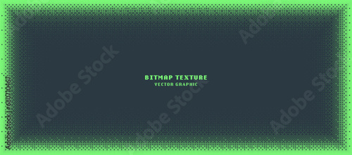 Dither Pattern Bitmap Texture Vector Frame Halftone Gradient Abstraction. 8 Bit Pixel Art Retro Styled Video Arcade Game Green Screensaver. Glitch Screen With Flicker Pixels Effect Panoramic Backdrop