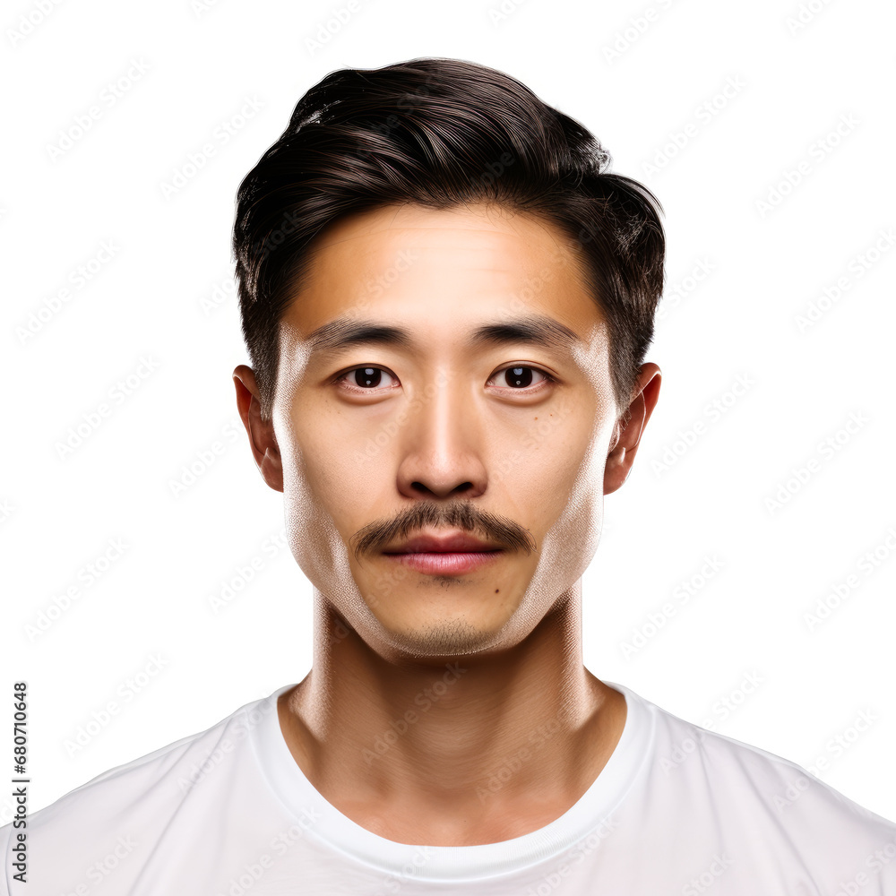 young asian man with mustache on white background . generative ai