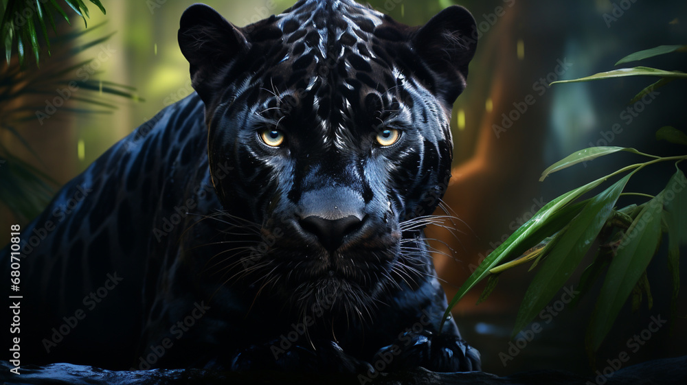 Black jaguar with bright eyes in lush green rainforest