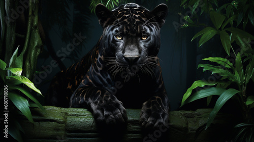 Black jaguar with bright eyes in lush green rainforest © Artofinnovation