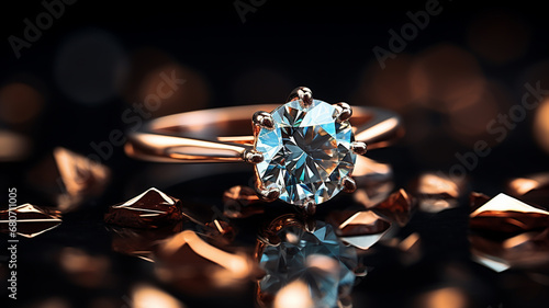 A stunning close-up shot of a diamond ring sparkling brilliantly against a dark shiny marble background