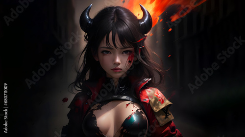 A girl of demonic appearance against the background of a burning city.