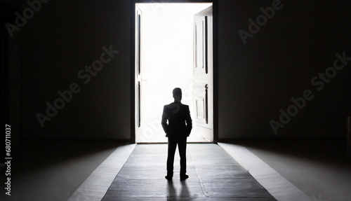Silhouette of a businessman looking towards a bright doorway in dark room