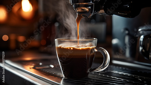 A cup of hot coffee being prepared in the espresso machine